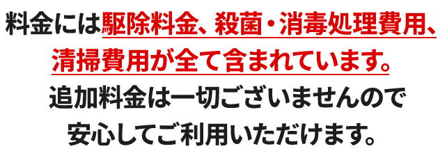 料金には駆除料金、殺菌・消毒処理費用、清掃費用が全て含まれています。追加料金は一切ございませんので安心してご利用いただけます。